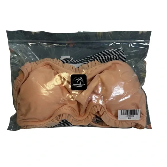CUPSHE Ruffle Bandeau Bikini With High Waisted Bottom NWT SM Peach Black White - Picture 15 of 17